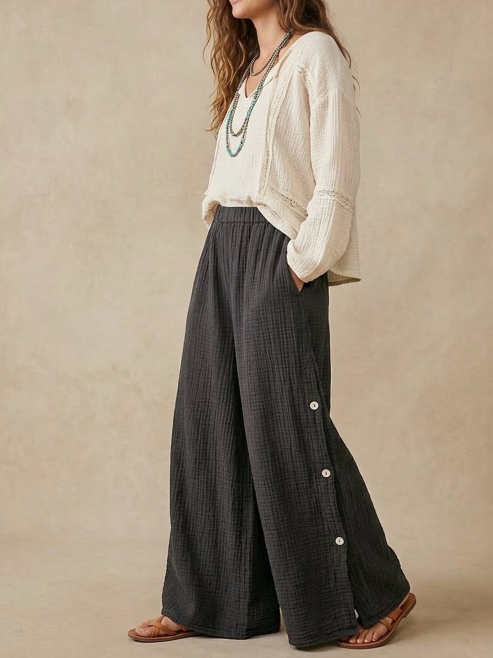 Aria Wide-Leg Button-Detail Cotton Gauze Pants XL NWT
